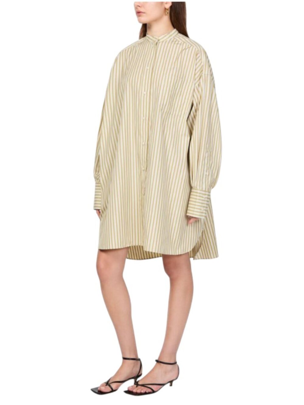 SOEUR Diane Cotton Mini Shirt Dress Womens 34 XS 2 Tan Beige Stripe Long Sleeve